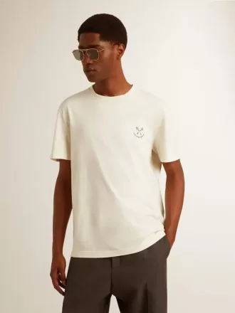 Herenkatoenen T-shirt in oud wit met print op het hart