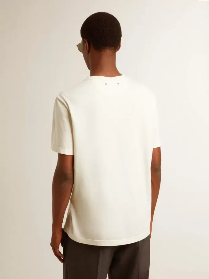 Herenkatoenen T-shirt in oud wit met print op het hart