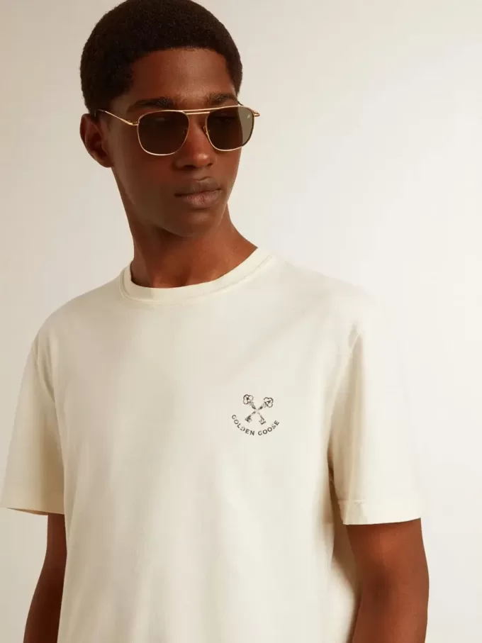 Herenkatoenen T-shirt in oud wit met print op het hart
