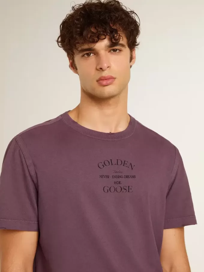 Herenkatoenen T-shirt in versleten paars met logoprint