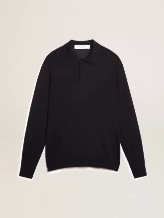 Herenpolo met lange mouwen van marineblauwe merinowol