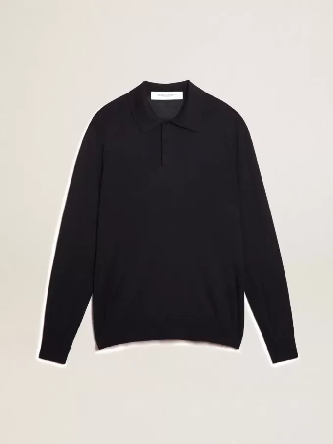 Herenpolo met lange mouwen van marineblauwe merinowol
