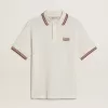 Herenpoloshirt in wit geperforeerd breisel met bordeauxrode gestreepte details