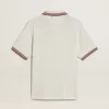 Herenpoloshirt in wit geperforeerd breisel met bordeauxrode gestreepte details