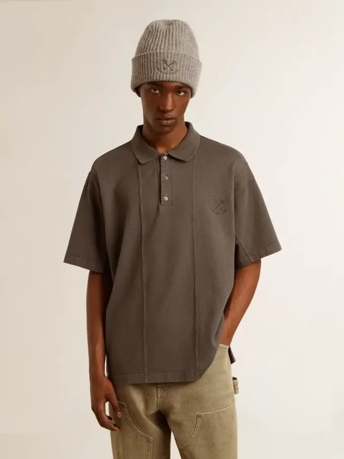 Herenpoloshirt van katoen in antracietgrijs met borduursel