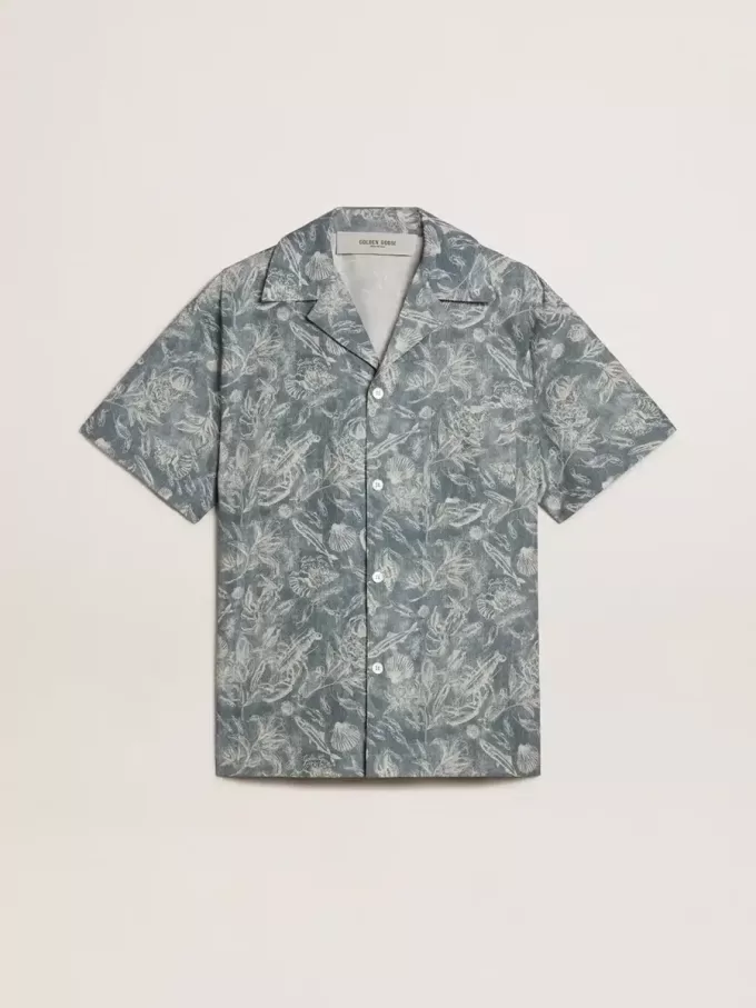 Herenpopelinehemd met korte mouwen in pyjamastijl met een blauw-witte maritieme print.