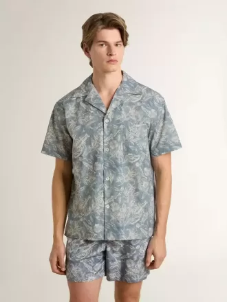 Herenpopelinehemd met korte mouwen in pyjamastijl met een blauw-witte maritieme print.