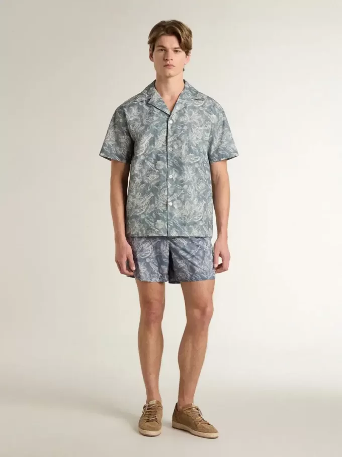 Herenpopelinehemd met korte mouwen in pyjamastijl met een blauw-witte maritieme print.