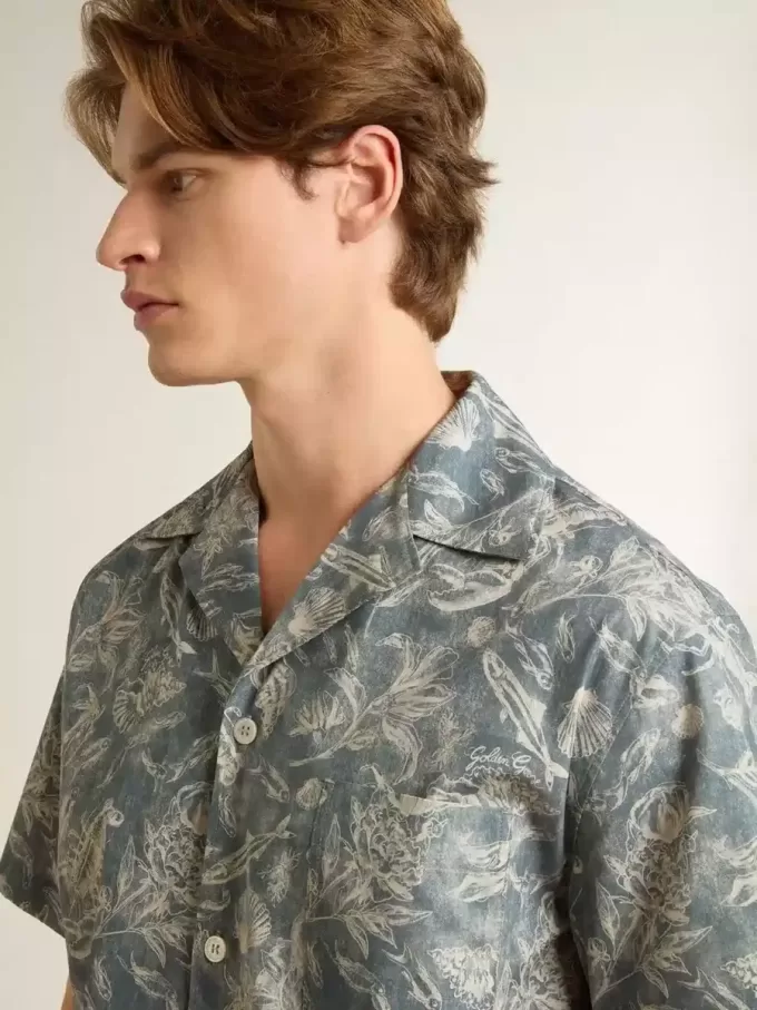 Herenpopelinehemd met korte mouwen in pyjamastijl met een blauw-witte maritieme print.