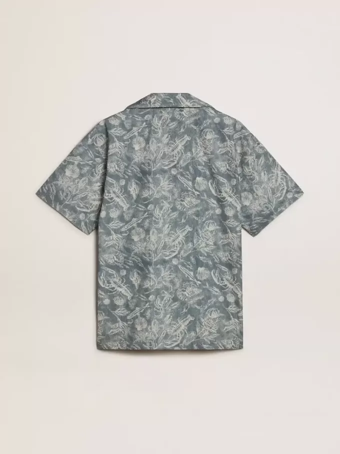 Herenpopelinehemd met korte mouwen in pyjamastijl met een blauw-witte maritieme print.