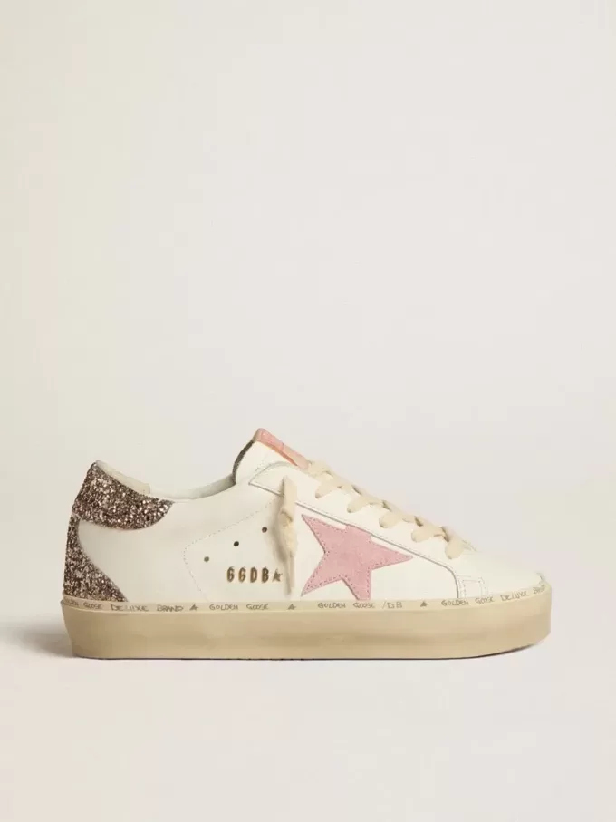 Hi Star in wit leer met roze suède ster en roze glitter hielstuk