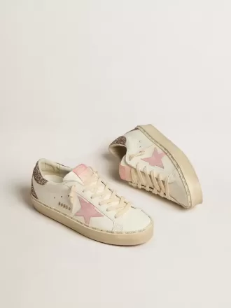 Hi Star in wit leer met roze suède ster en roze glitter hielstuk