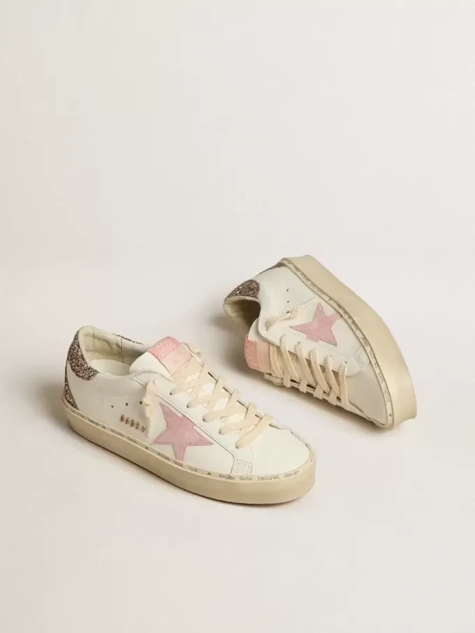 Hi Star in wit leer met roze suède ster en roze glitter hielstuk