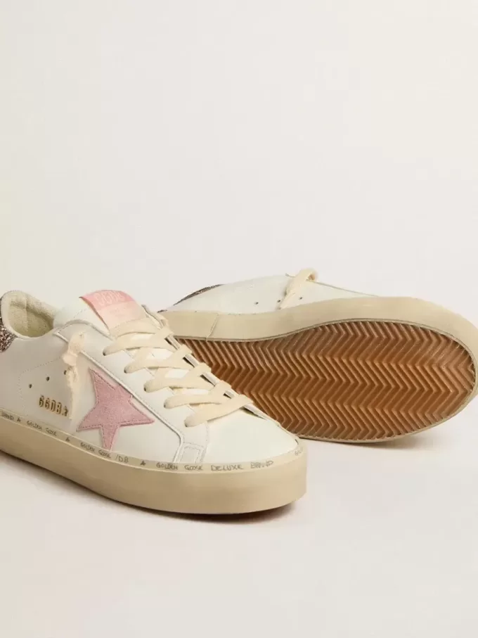 Hi Star in wit leer met roze suède ster en roze glitter hielstuk
