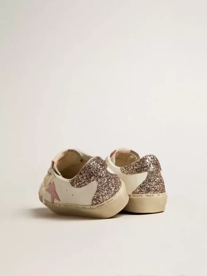 Hi Star in wit leer met roze suède ster en roze glitter hielstuk