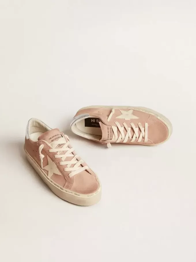 Hi Star voor dames in roze suède met crèmekleurige ster en zilveren leren hielstuk
