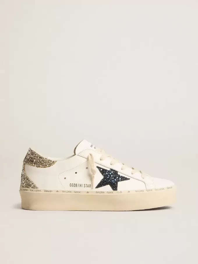 Hi Star voor dames met blauwe glitterster en platina glitter hielstuk