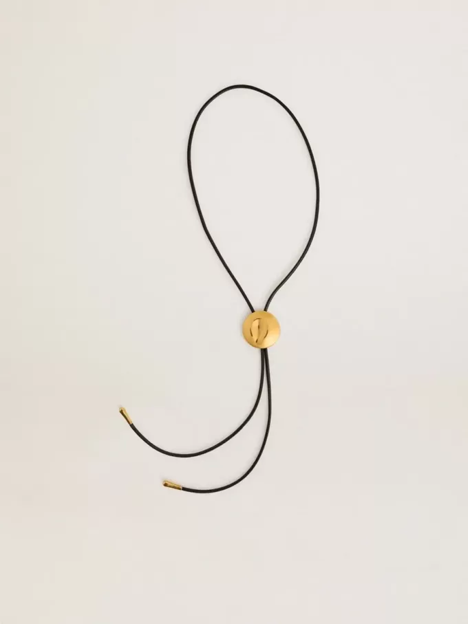 Jewelmates bolo-stropdas ketting in zwart leer met antiek gouden metalen details