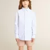 Jongensshirt van lichtblauw en wit gestreept katoen met geborduurd logo