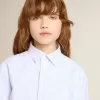 Jongensshirt van lichtblauw en wit gestreept katoen met geborduurd logo
