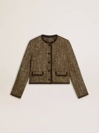 Journey-jas voor dames van wollen tweed met koffiekleurige suède details