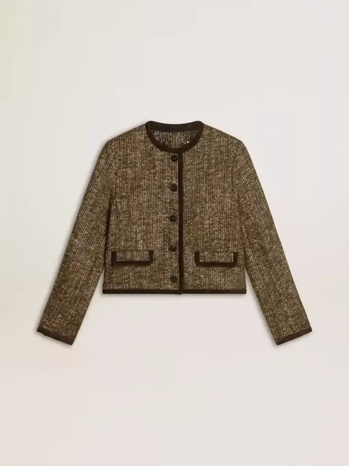Journey-jas voor dames van wollen tweed met koffiekleurige suède details