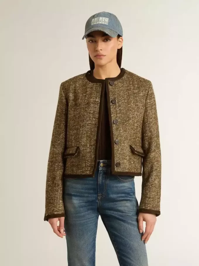 Journey-jas voor dames van wollen tweed met koffiekleurige suède details
