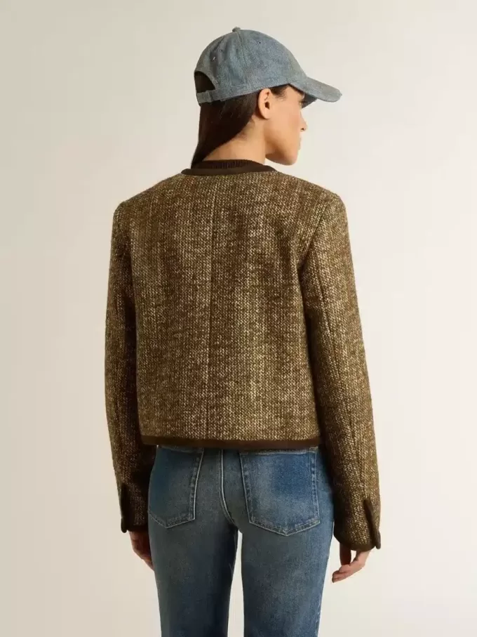 Journey-jas voor dames van wollen tweed met koffiekleurige suède details