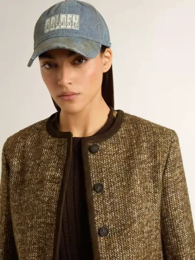 Journey-jas voor dames van wollen tweed met koffiekleurige suède details