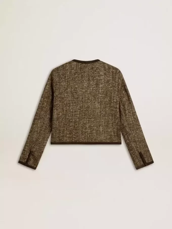 Journey-jas voor dames van wollen tweed met koffiekleurige suède details