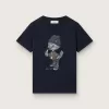 Journey T-shirt voor jongens van blauw katoenen jersey met digitale mascotteprint