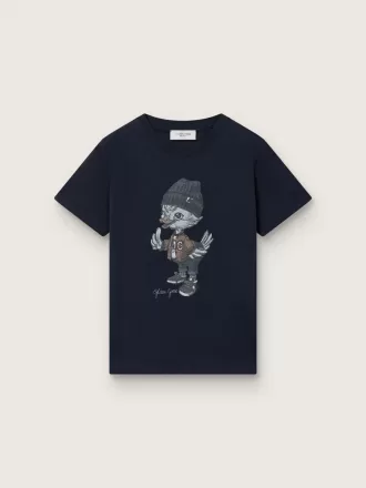 Journey T-shirt voor jongens van blauw katoenen jersey met digitale mascotteprint
