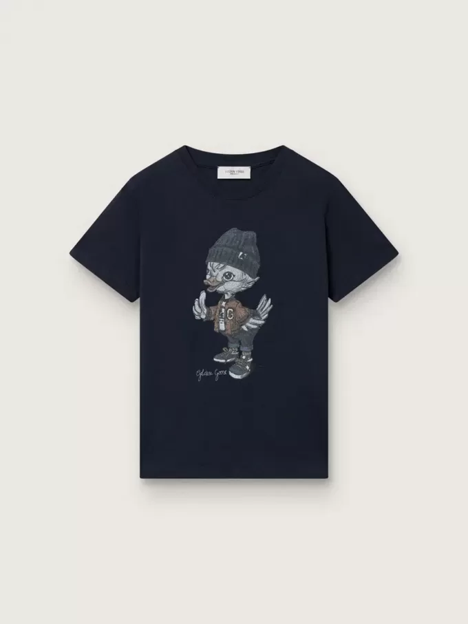 Journey T-shirt voor jongens van blauw katoenen jersey met digitale mascotteprint