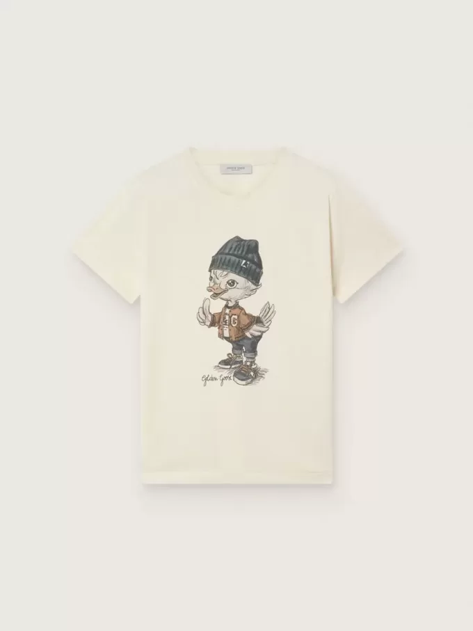 Journey T-shirt voor jongens van witte katoenen jersey met digitale mascotteprint