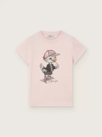 Journey T-shirt voor meisjes van roze katoenen jersey met digitale mascotteprint