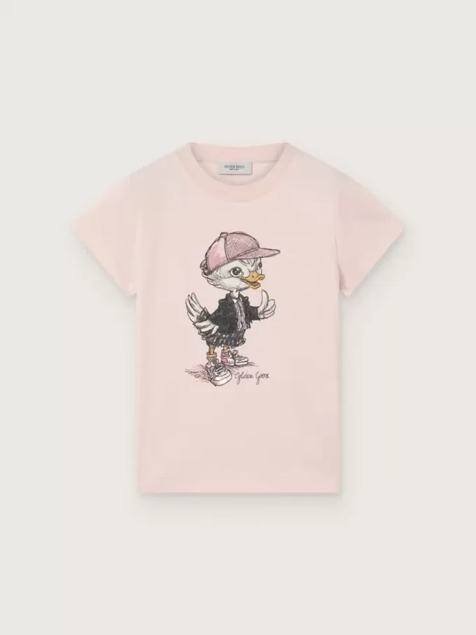 Journey T-shirt voor meisjes van roze katoenen jersey met digitale mascotteprint