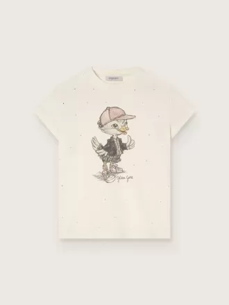 Journey T-shirt voor meisjes van witte katoenen jersey met digitale mascotteprint en kristallen applicaties