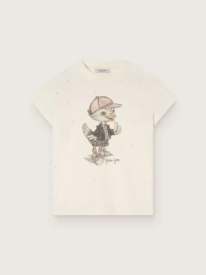 Journey T-shirt voor meisjes van witte katoenen jersey met digitale mascotteprint en kristallen applicaties