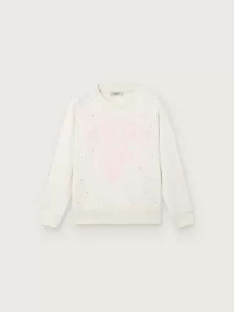 Journey wit katoenen sweatshirt met ronde hals voor meisjes, met mascotteprint en kristallen applicaties.