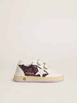 Junior Ball Star in paars glitter met witte leren ster en hielstuk