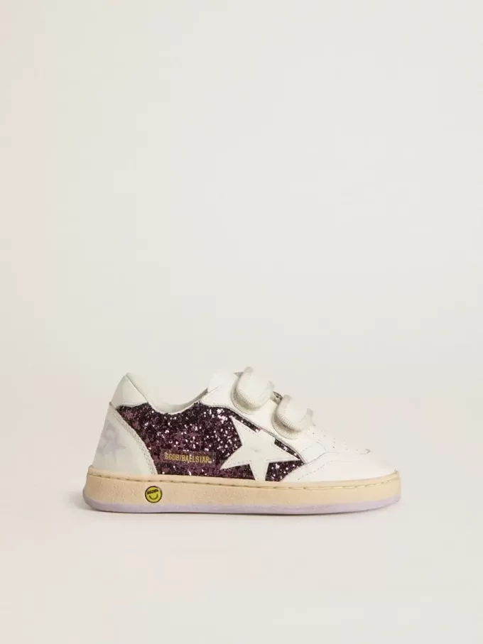 Junior Ball Star in paars glitter met witte leren ster en hielstuk