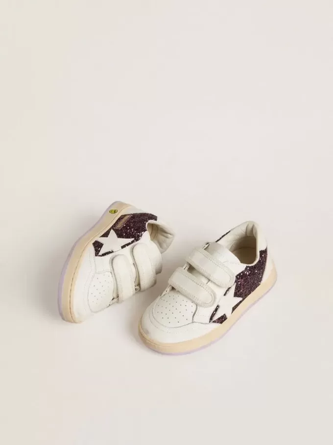 Junior Ball Star in paars glitter met witte leren ster en hielstuk