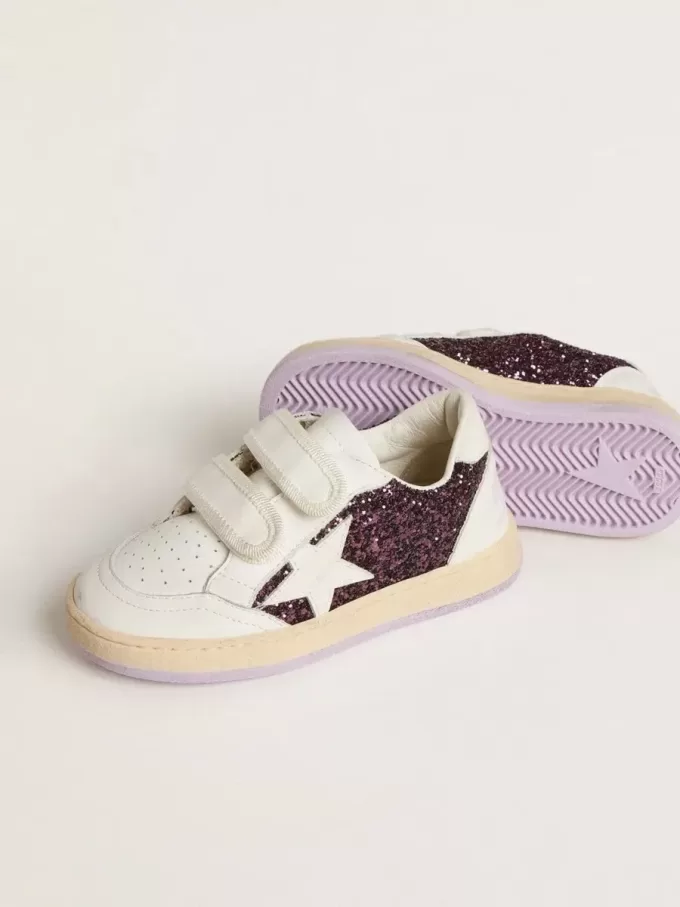 Junior Ball Star in paars glitter met witte leren ster en hielstuk