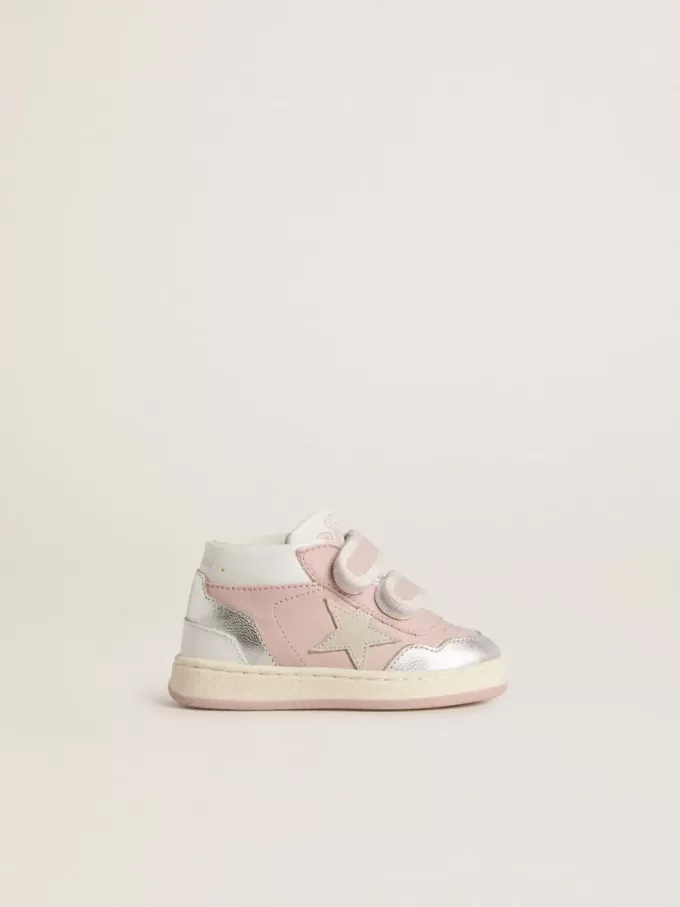 Junior June in roze leer met metallic leren inzetstukken en suède ster