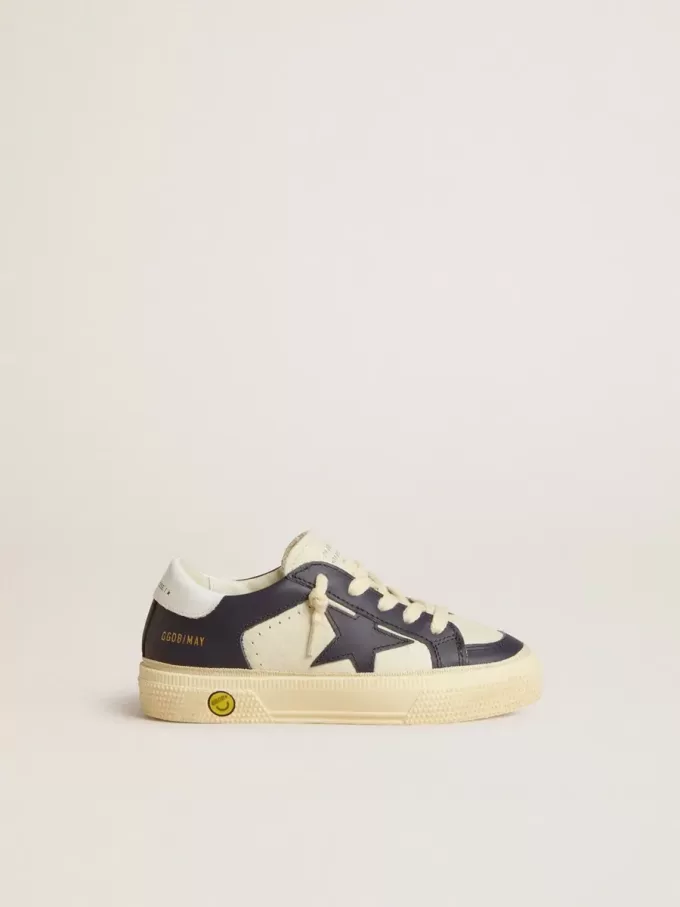 Junior May in wit en blauw leer met leren ster en hielstuk