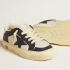 Junior May in wit en blauw leer met leren ster en hielstuk