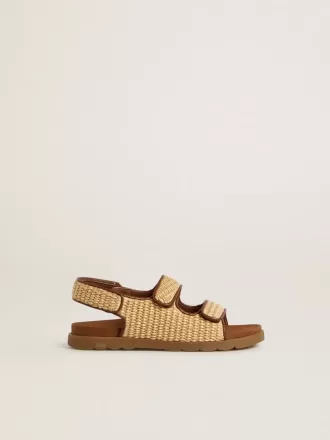 Junior Noa-sandalen van beige raffia en bruin leer
