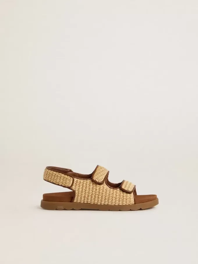 Junior Noa-sandalen van beige raffia en bruin leer