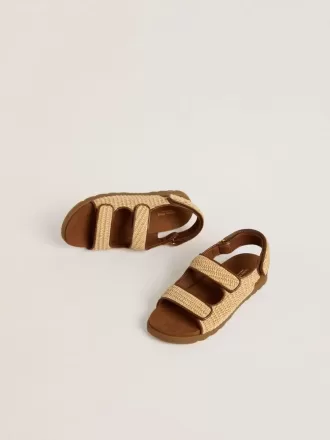 Junior Noa-sandalen van beige raffia en bruin leer