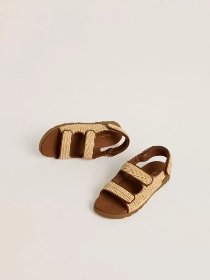 Junior Noa-sandalen van beige raffia en bruin leer